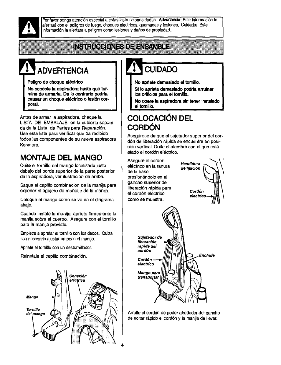 Peligro de choque eléctrico, No apriete demasiado el tomillo, Advertencia | Montaje del mango, Cuidado, Colocación del cordón | Kenmore ASPIRADORA 116.35913 User Manual | Page 24 / 40