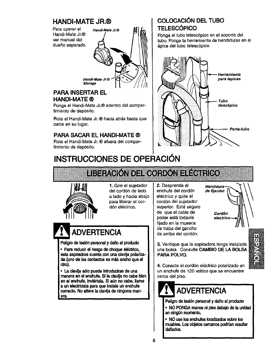 Handi-mate jr, Para sacar el handi-mate, Instrucciones de operación | Advertencia | Kenmore ASPIRADORA 116.35913 User Manual | Page 25 / 40