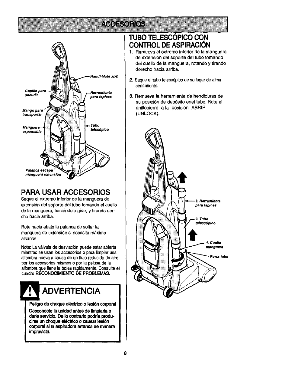 Advertencia, Tubo telescópico con control de aspiración, Para usar accesorios | Kenmore ASPIRADORA 116.35913 User Manual | Page 28 / 40