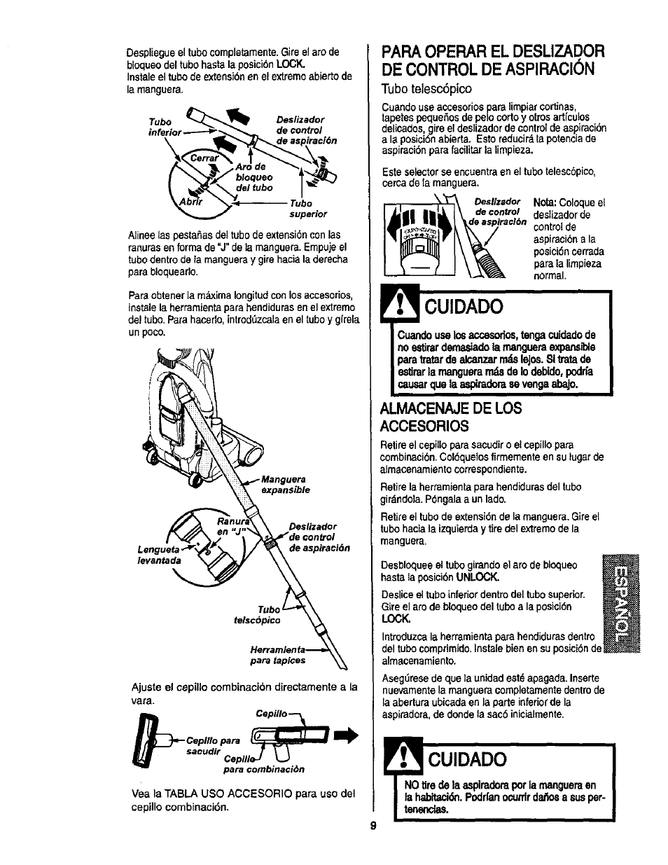 Cuidado, Para operar el desuzador de control de aspiración, Almacenaje de los accesorios | Kenmore ASPIRADORA 116.35913 User Manual | Page 29 / 40