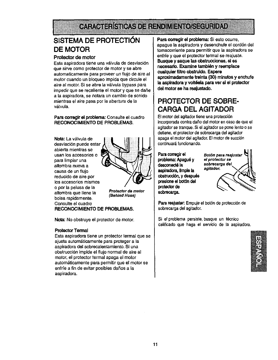 Sistema de protectión de motor, Protector de sobrecarga del agitador, Protector de sobre­ carga del agitador | Kenmore ASPIRADORA 116.35913 User Manual | Page 31 / 40