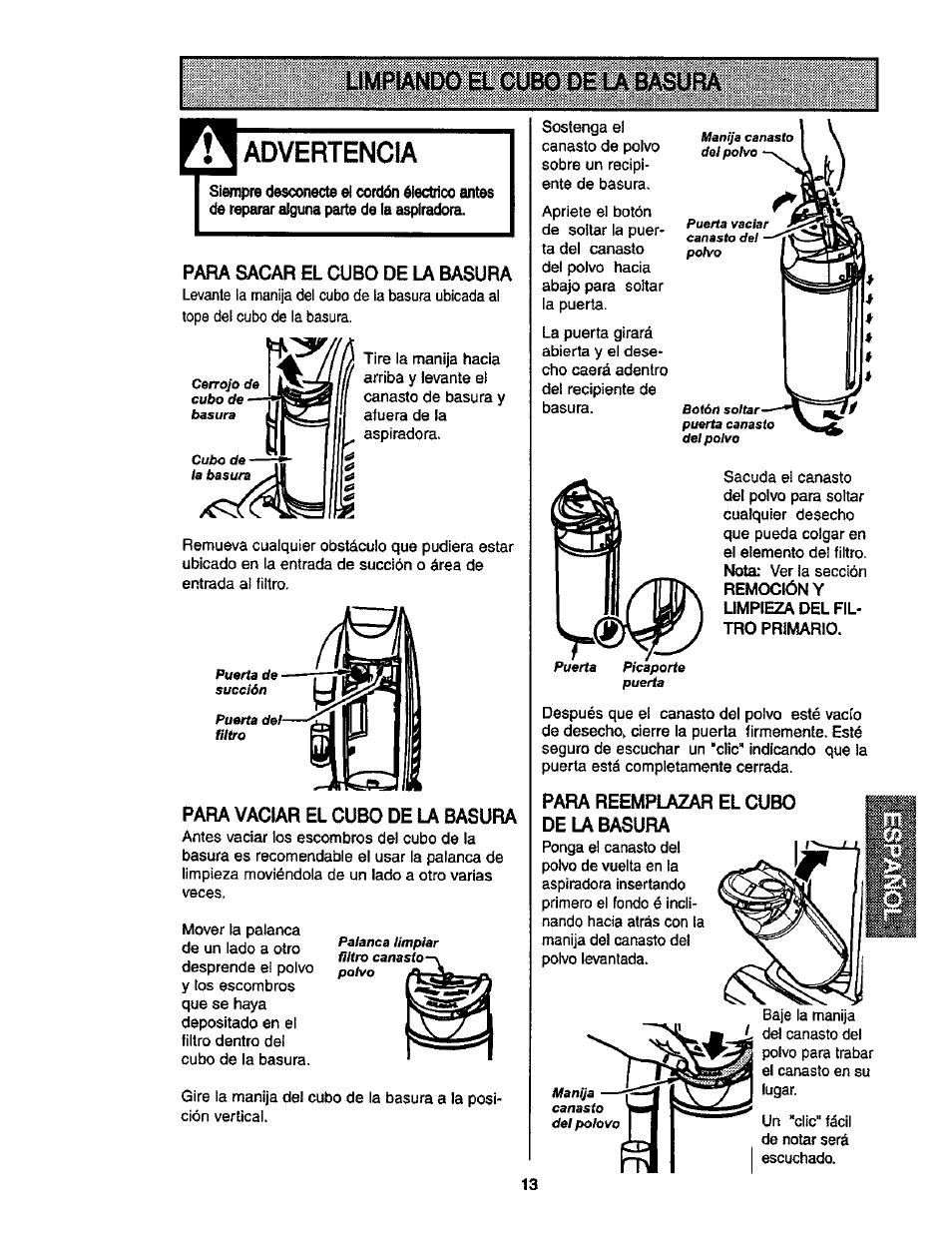 Advertencia, Para sacar el cubo de la basura, Para vaciar el cubo de u basura | Para reemplazar el cubo de la basura, Umpiando a cubo de u basura | Kenmore ASPIRADORA 116.35913 User Manual | Page 33 / 40