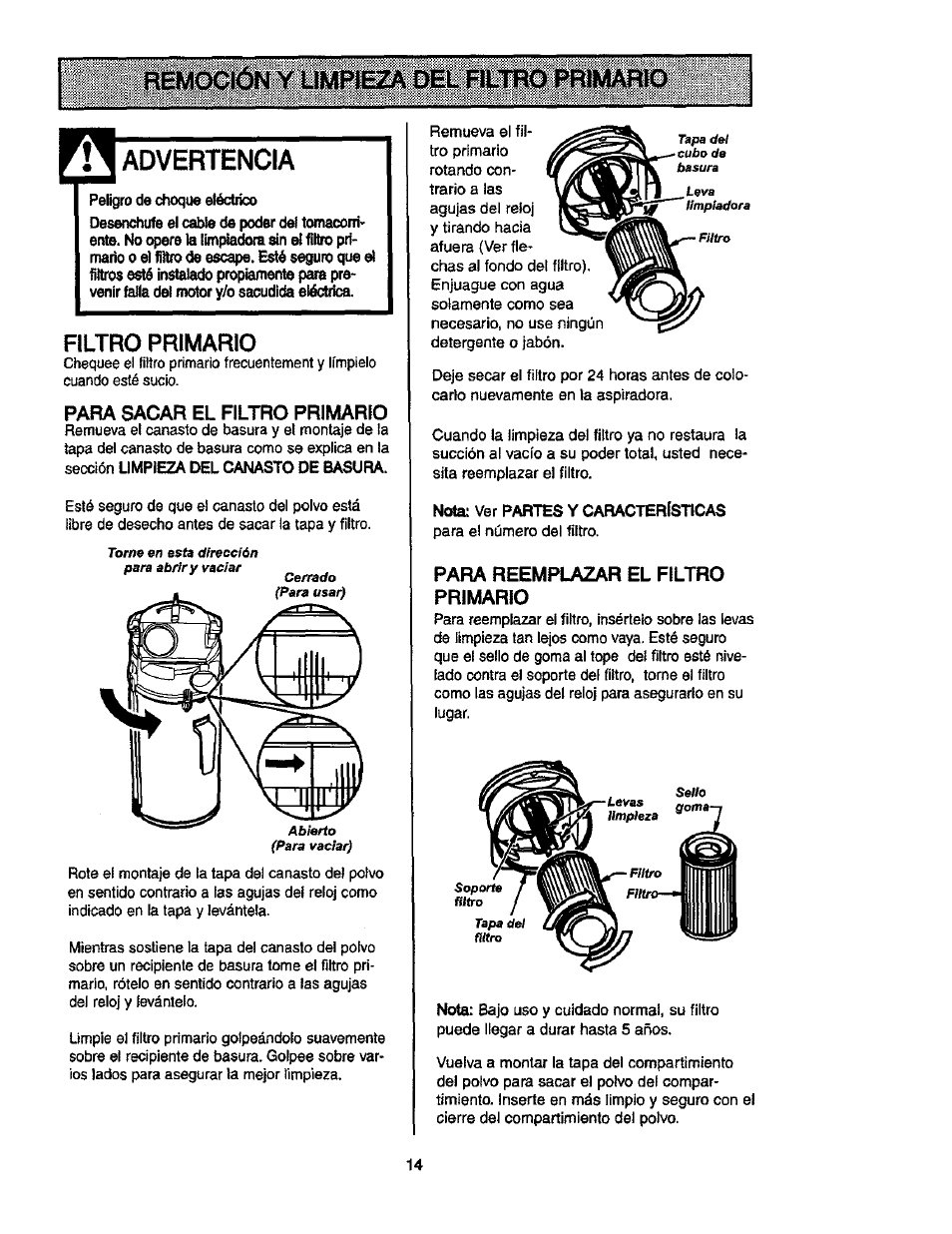 Advertencia, Filtro prili/iario, Para sacar el filtro primario | Para reemplazar el filtro primario, Y lweza del тлш pf»íütf«0 | Kenmore ASPIRADORA 116.35913 User Manual | Page 34 / 40