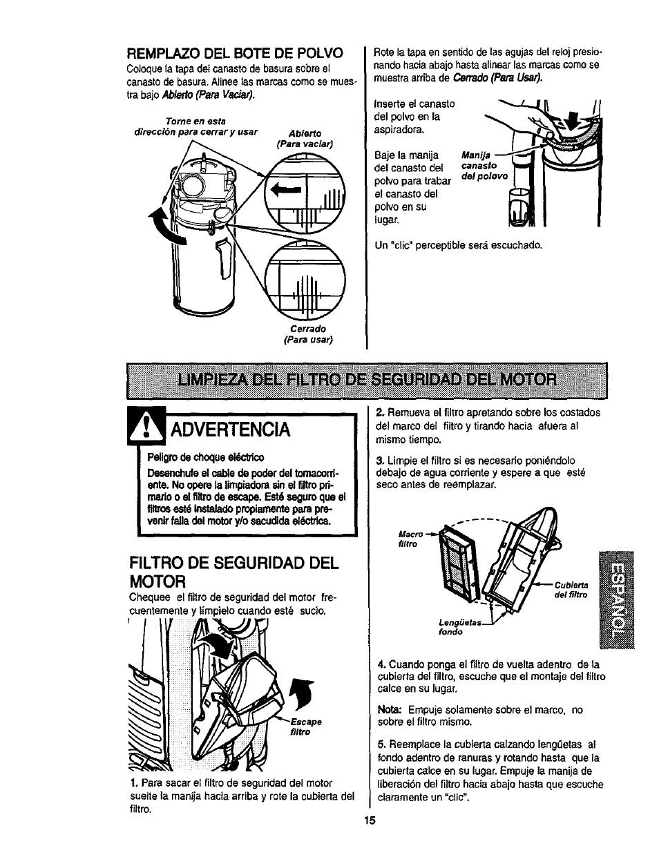 Remplazo del bote de polvo, Advertencia, Peligro de choque eléctrico | Filtro de seguridad del motor | Kenmore ASPIRADORA 116.35913 User Manual | Page 35 / 40