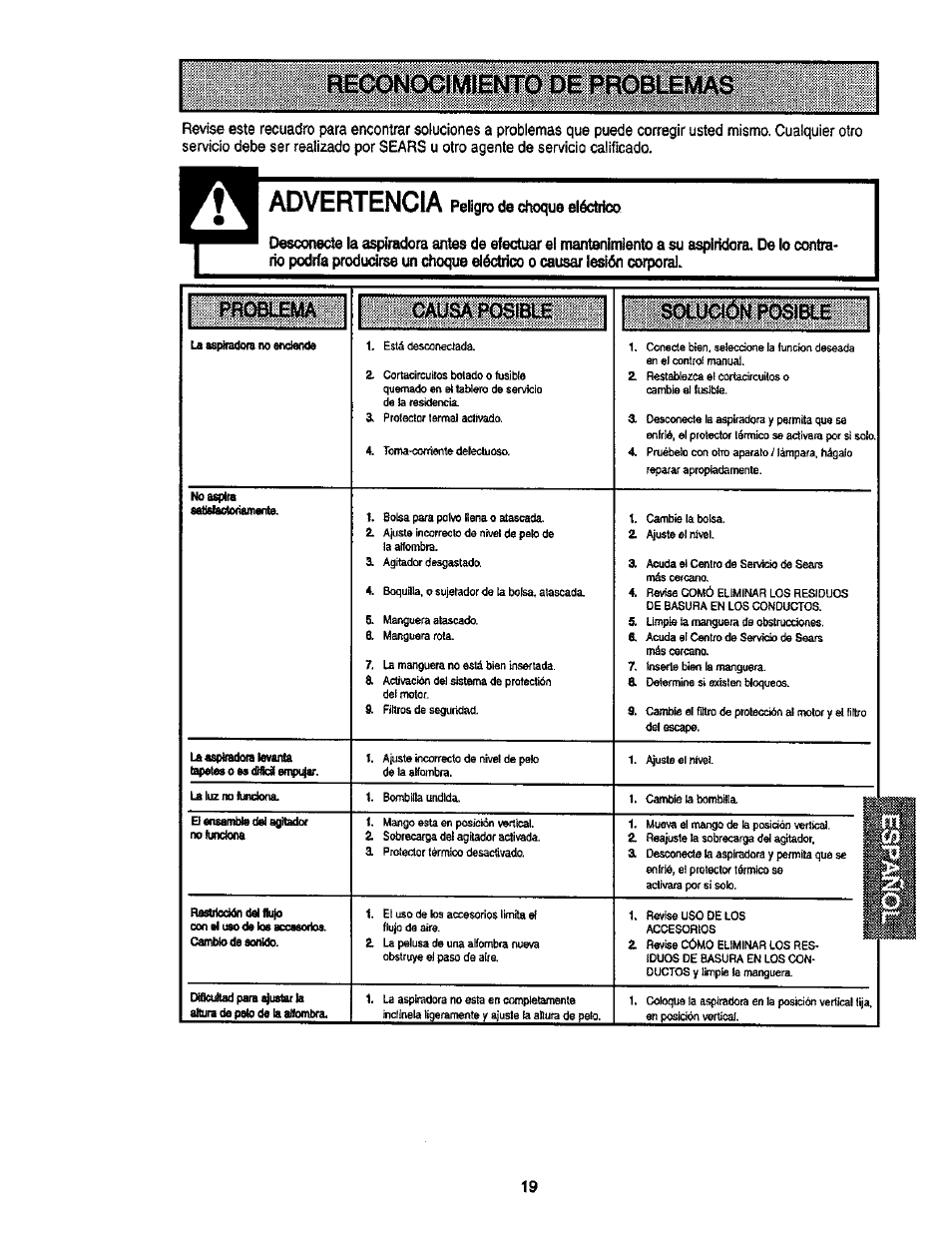 Advertencia, F^obiema soluaón posiae | Kenmore ASPIRADORA 116.35913 User Manual | Page 39 / 40