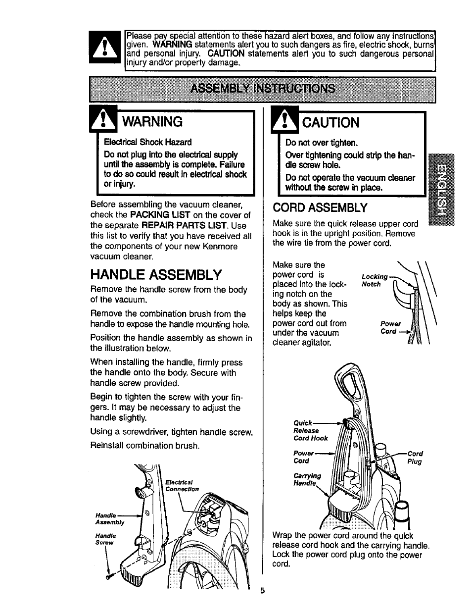 Warning, Handle assembly, Caution | Cord assembly | Kenmore ASPIRADORA 116.35913 User Manual | Page 5 / 40