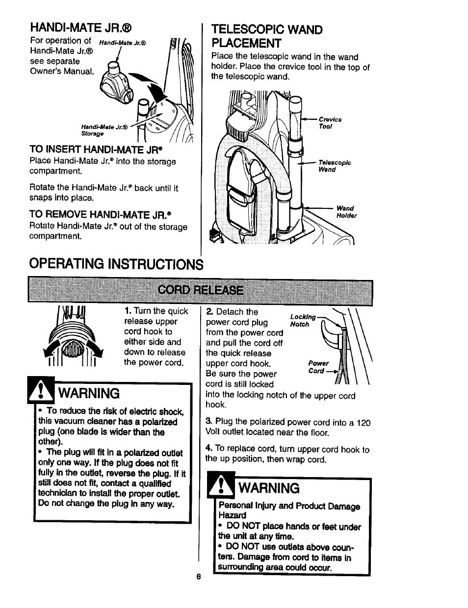 Operating instructions, Warning, Operating insbuctions | Kenmore ASPIRADORA 116.35913 User Manual | Page 6 / 40