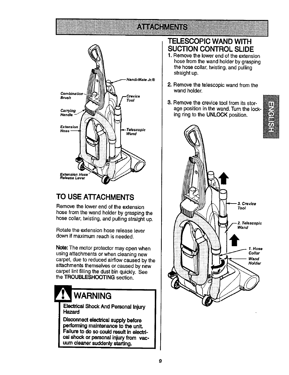 Attaoftjents, To use attachments, Warning | Telescopic wand with suction control slide, Bbss | Kenmore ASPIRADORA 116.35913 User Manual | Page 9 / 40