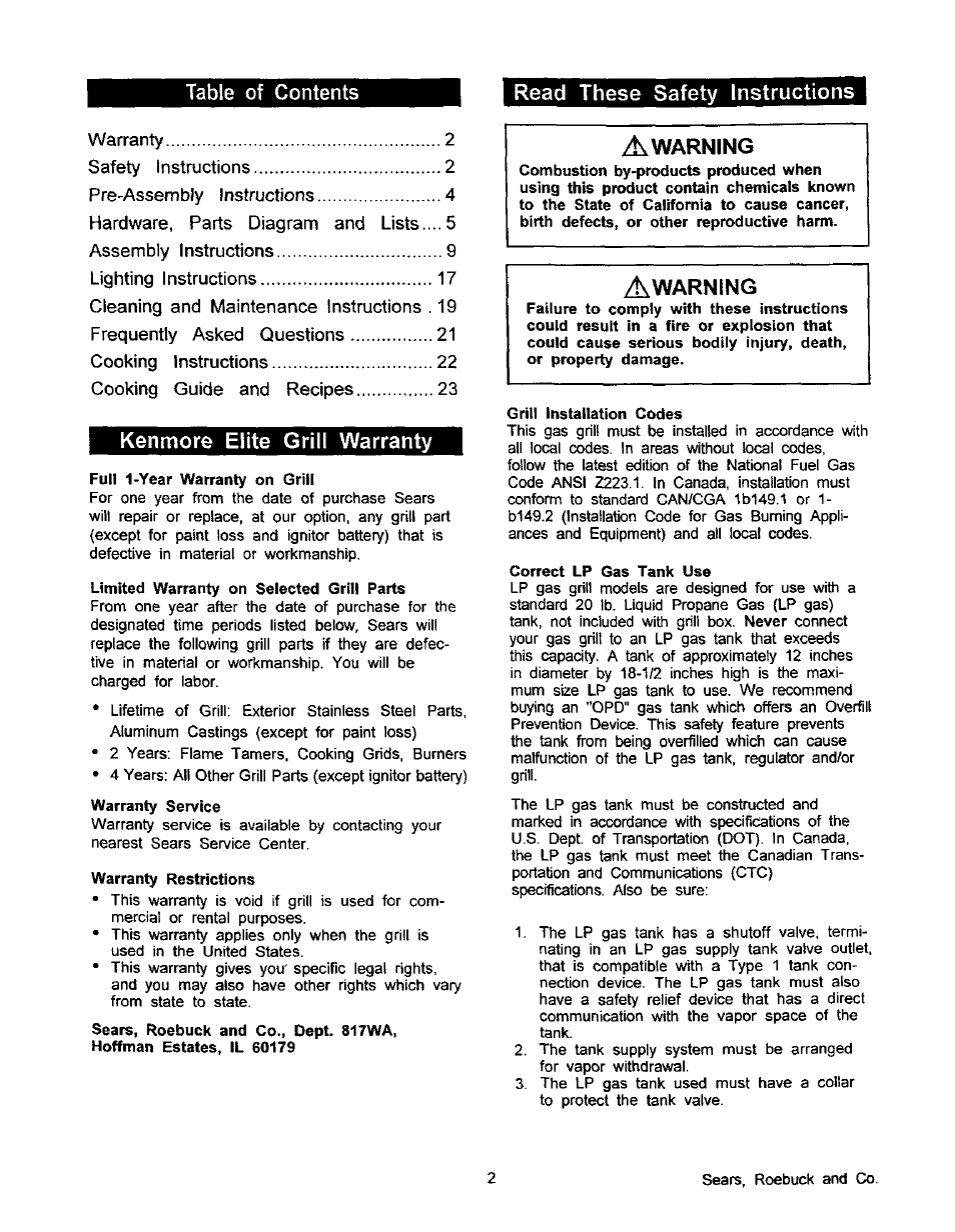 Read these safety instructions, Kenmore elite grill warranty, Warning | Table of contents read these safety instructions | Kenmore 141.168600 User Manual | Page 2 / 34