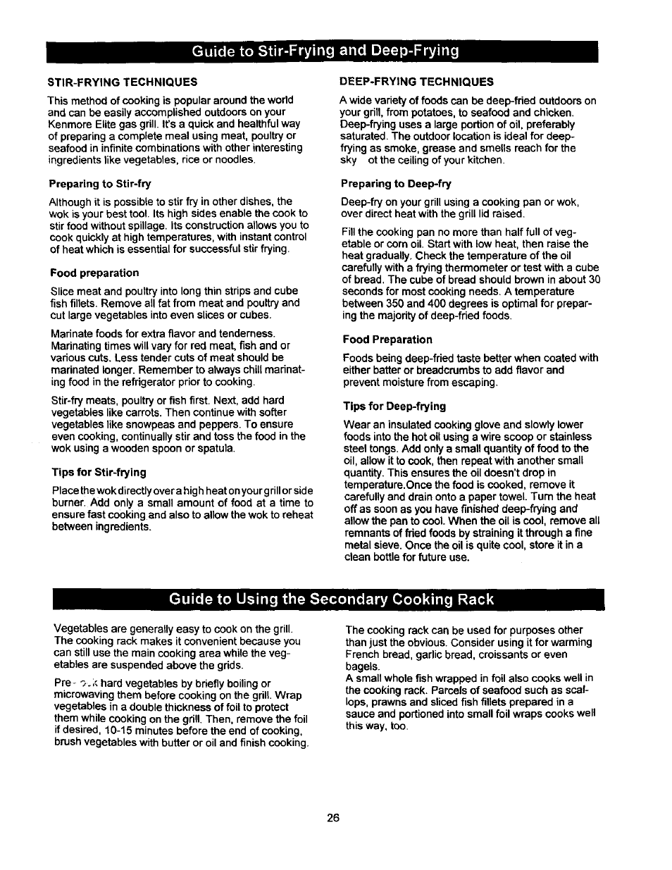 Guide to stir-frying and deep-frying, Guide to using the secondary cooking rack | Kenmore 141.168600 User Manual | Page 26 / 34