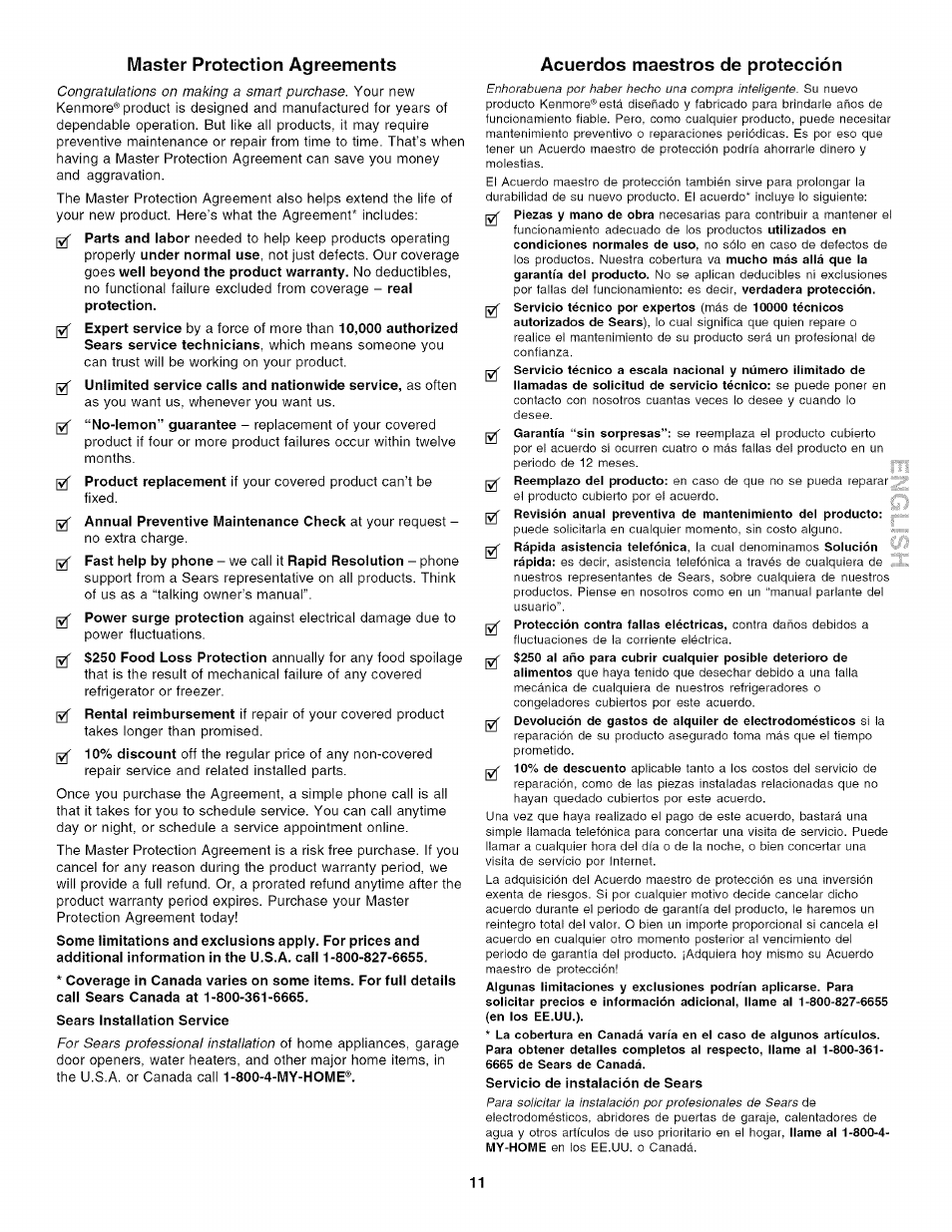 Master protection agreements, Acuerdos maestros de protección | Kenmore 4272 User Manual | Page 11 / 12