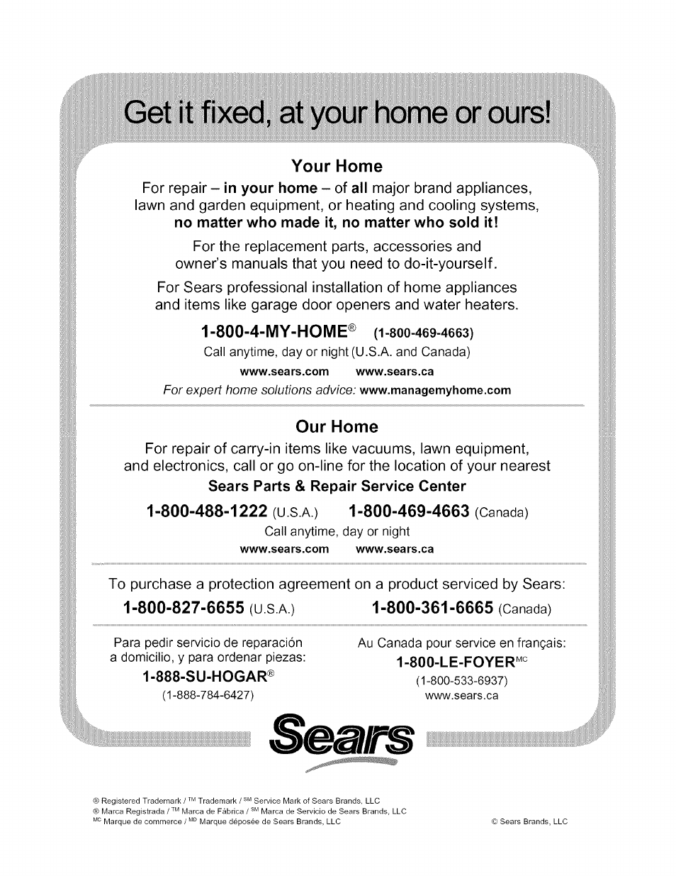 Get it fixed, at your home or ours, Your home, Our home | Kenmore 4272 User Manual | Page 12 / 12