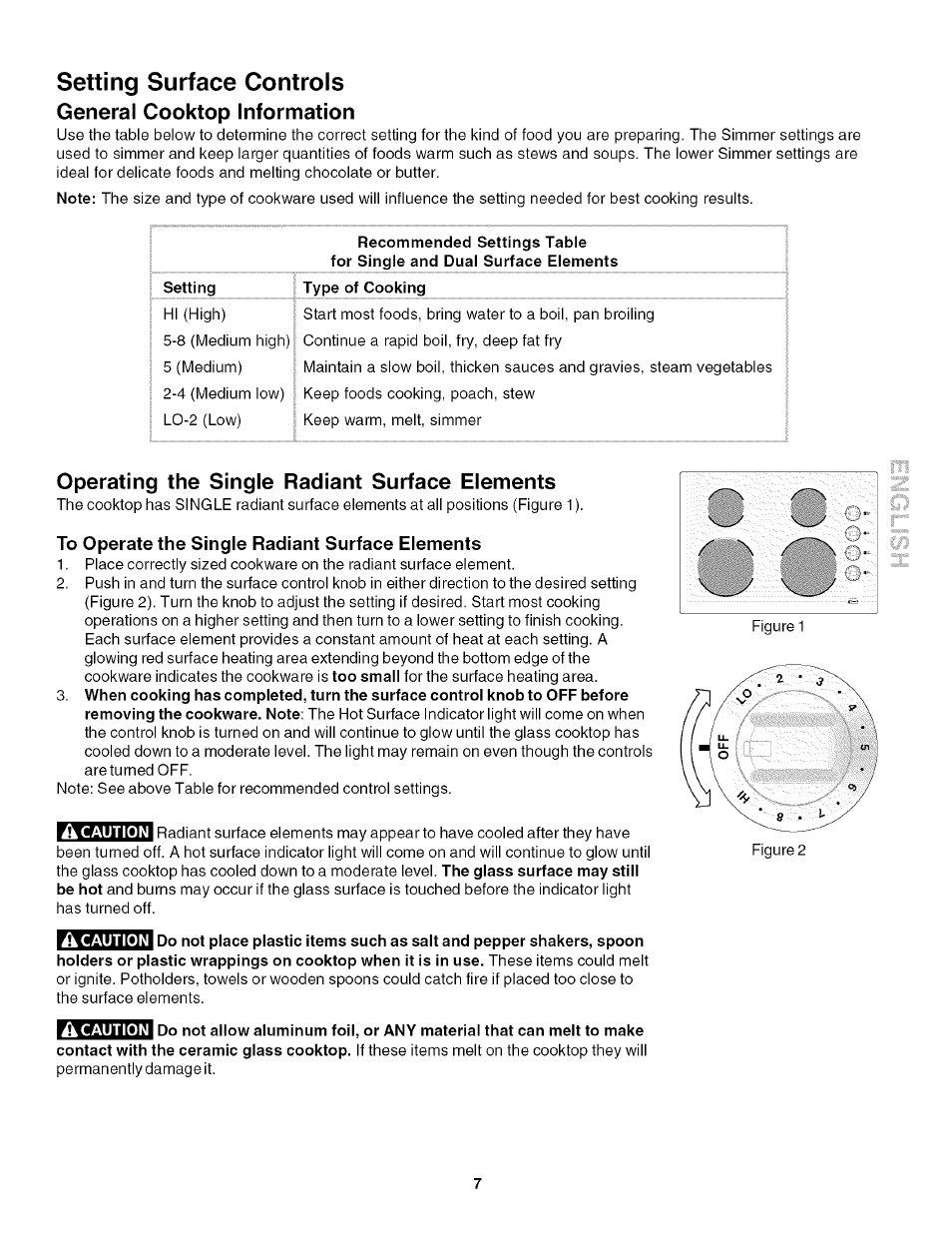 To operate the single radiant surface elements, Setting surface controls, General cooktop information | Operating the single radiant surface elements | Kenmore 4272 User Manual | Page 7 / 12