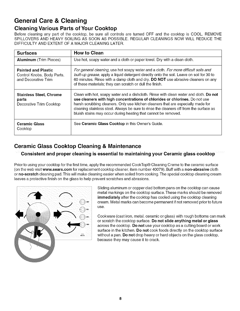 General care & cleaning, Cleaning various parts of your cooktop, Ceramic glass cooktop cleaning & maintenance | Kenmore 4272 User Manual | Page 8 / 12