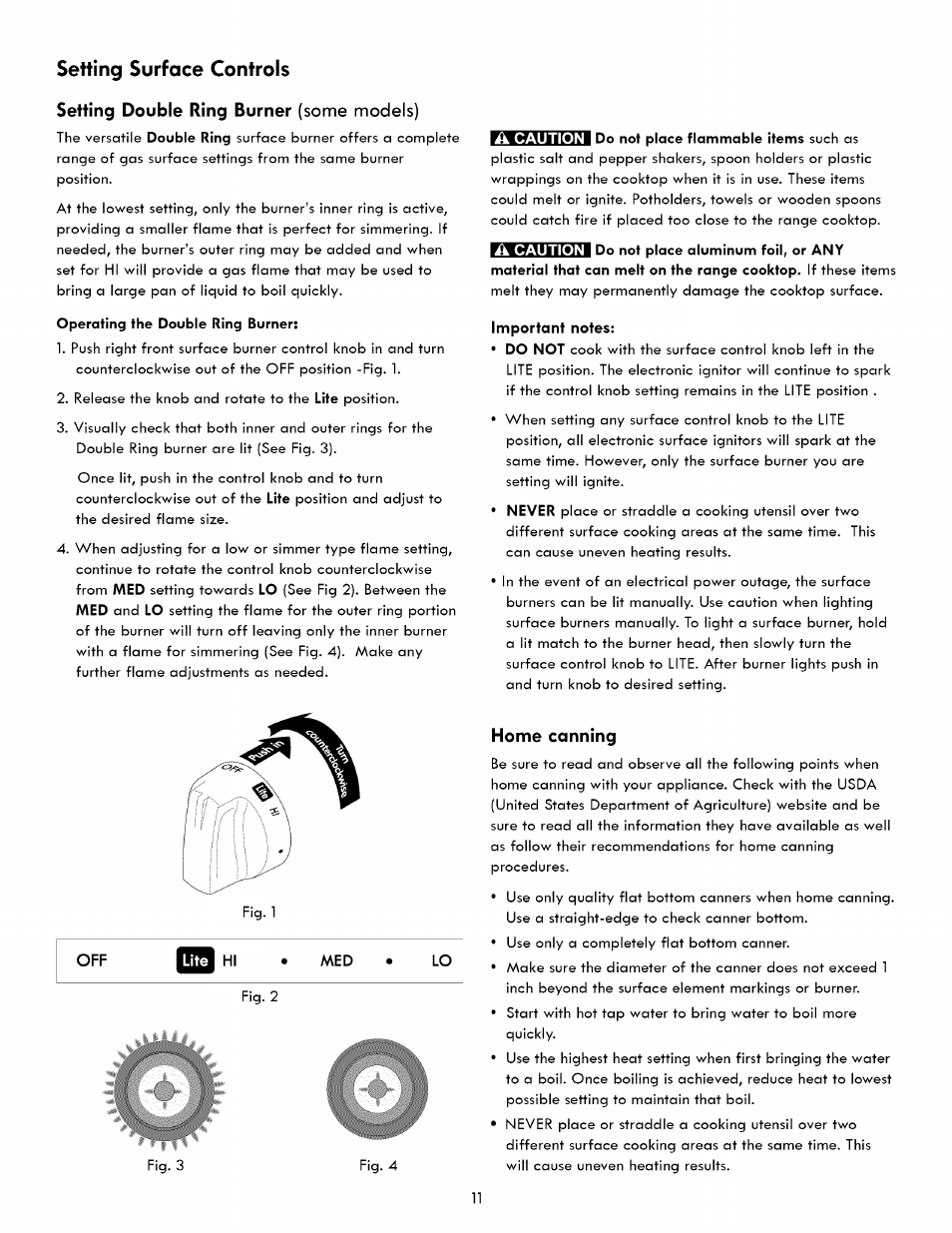 Setting double ring burner (some models, A caution, Important notes | Home canning, Setting double ring burner (some models), Setting surface controls | Kenmore ELITE 790. 7830 User Manual | Page 11 / 42