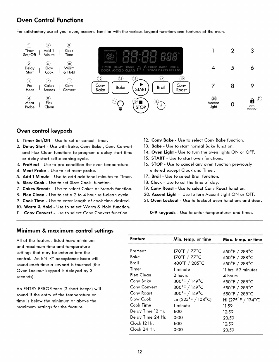 Oven control keypads, Minimum & maximum control settings, Oven control functions | Kenmore ELITE 790. 7830 User Manual | Page 12 / 42