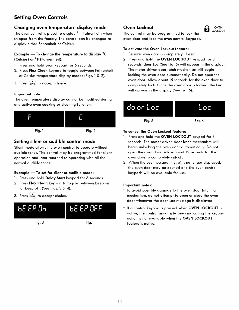 Changing oven temperature display mode, Setting silent or audible control mode, Oven lockout | Ep on, Setting oven controls | Kenmore ELITE 790. 7830 User Manual | Page 14 / 42