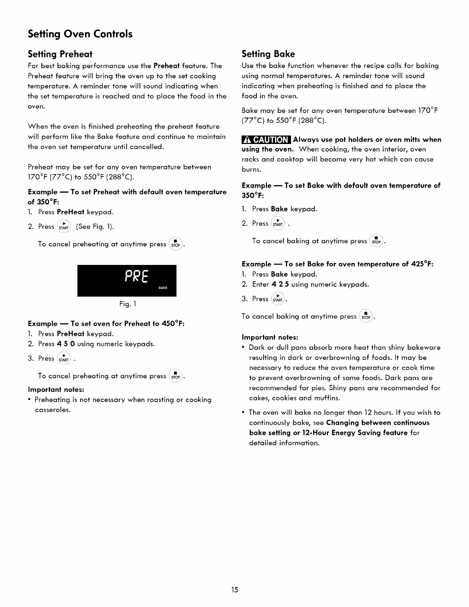 Setting preheat, Setting bake, Pipe | Setting oven controls | Kenmore ELITE 790. 7830 User Manual | Page 15 / 42