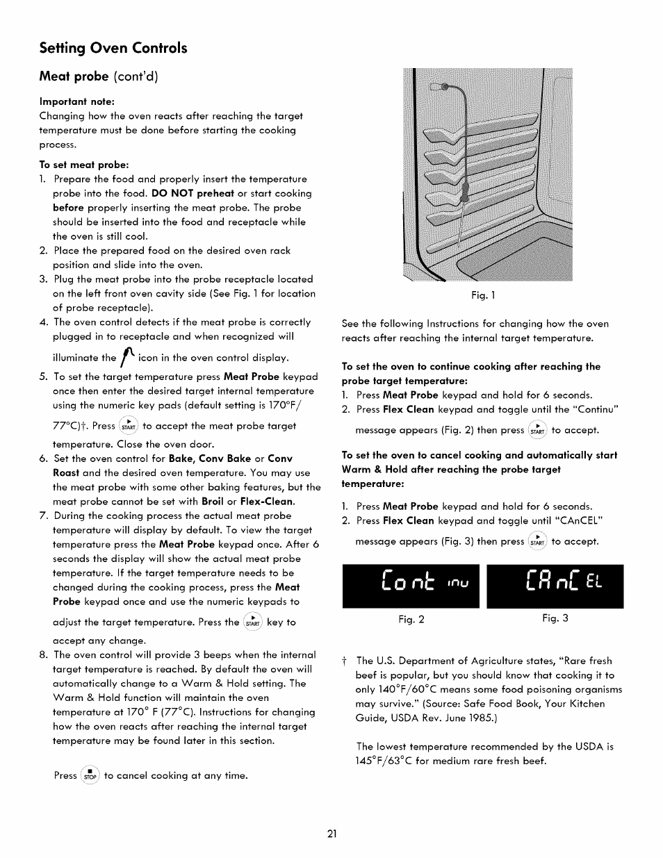 Meat probe (cont’d), Lñ n[ el, Co nt | Lñ n, Setting oven controls | Kenmore ELITE 790. 7830 User Manual | Page 21 / 42