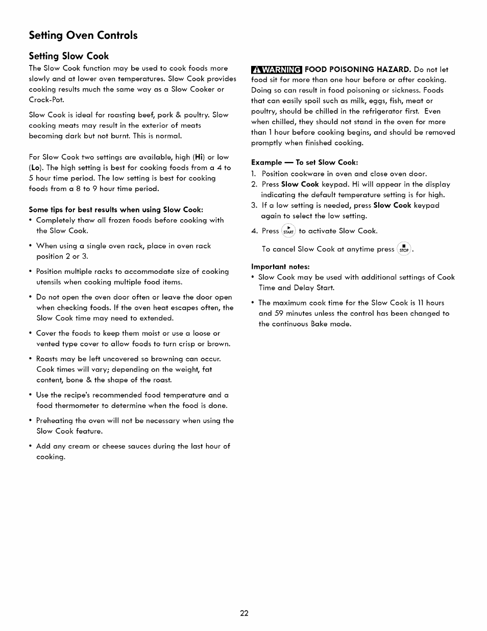 Setting slow cook, Setting oven controls | Kenmore ELITE 790. 7830 User Manual | Page 22 / 42