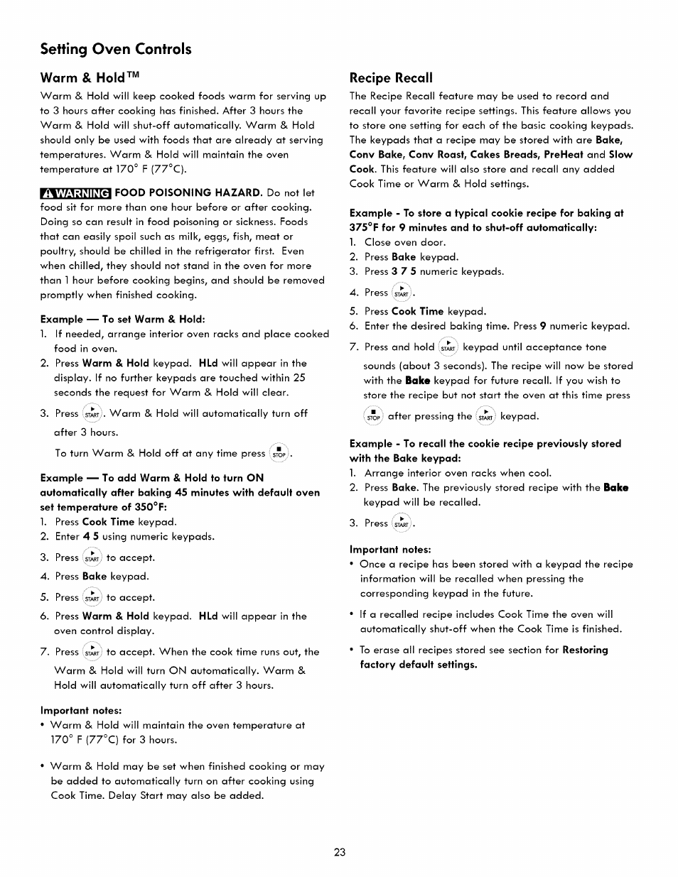 Warm & hold, Recipe recall, Setting oven controls | Kenmore ELITE 790. 7830 User Manual | Page 23 / 42