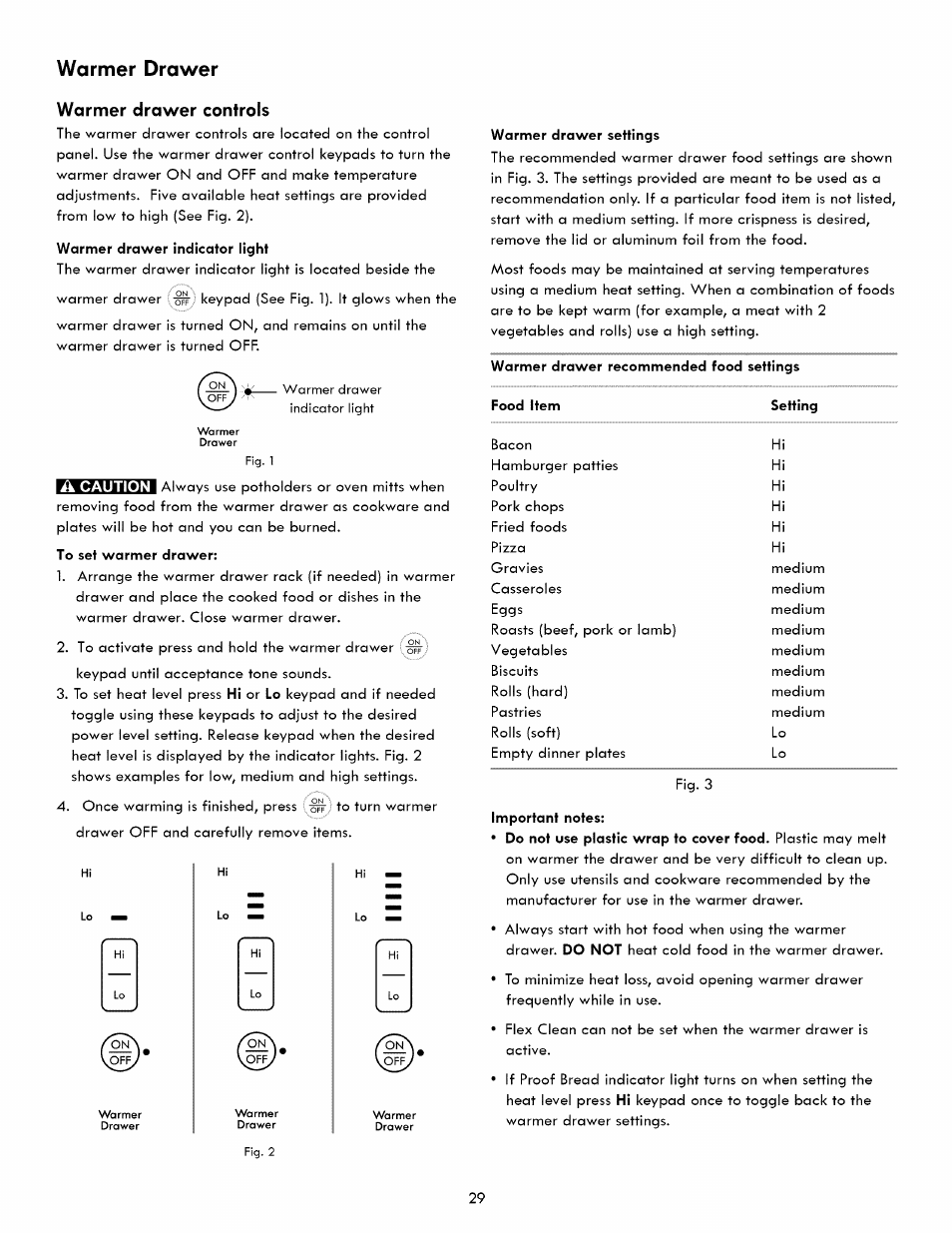 Warmer drawer controls, Warmer drav/er controls, Warmer drawer | Kenmore ELITE 790. 7830 User Manual | Page 29 / 42