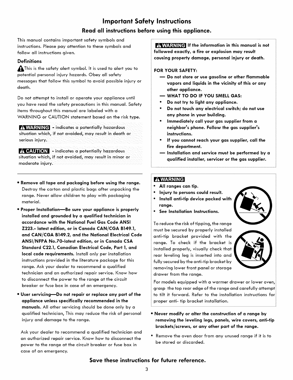 Read all instructions before using this appliance, Important safety instructions, Save these instructions for future reference | Kenmore ELITE 790. 7830 User Manual | Page 3 / 42