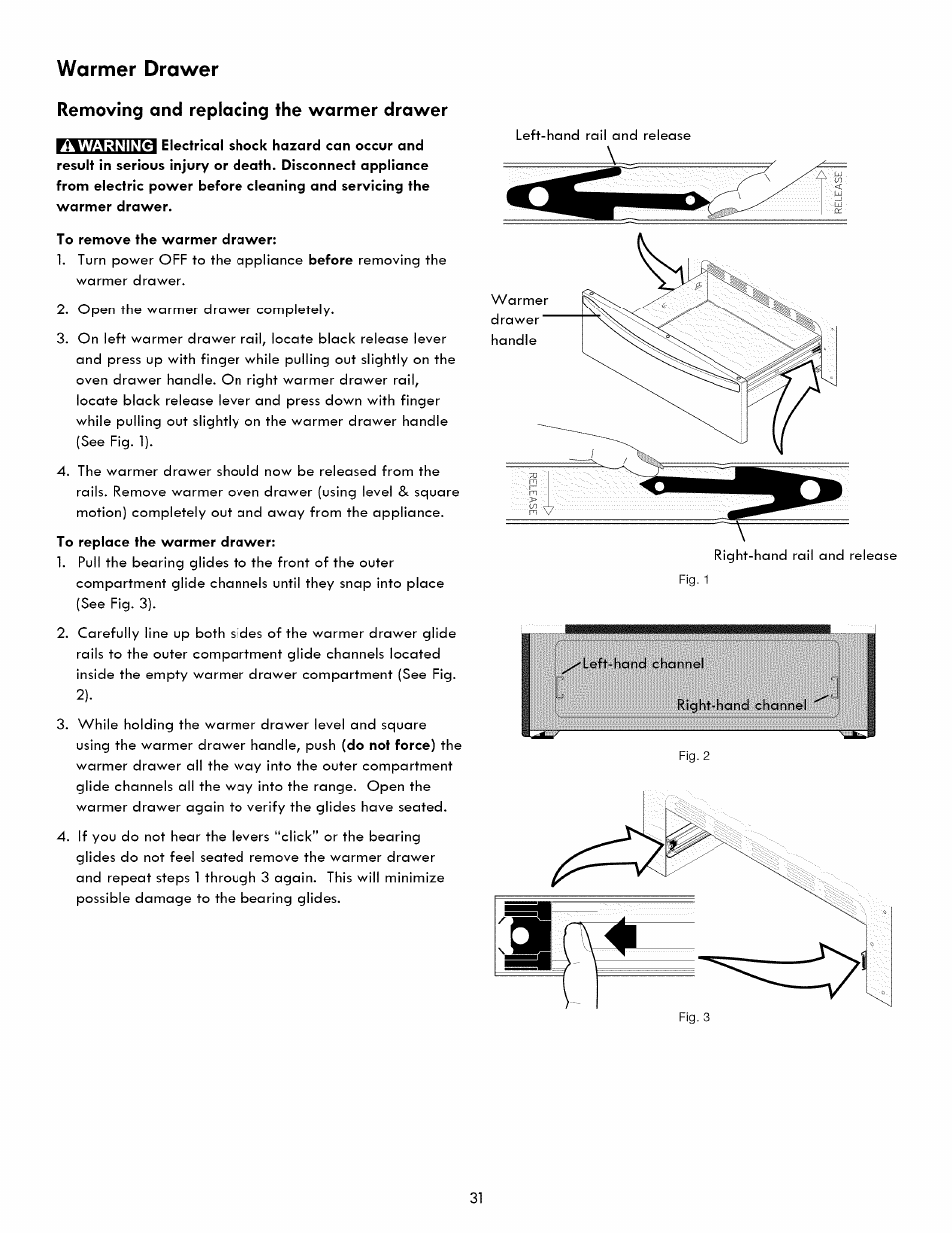Warmer drawer, Removing and replacing the warmer drawer | Kenmore ELITE 790. 7830 User Manual | Page 31 / 42