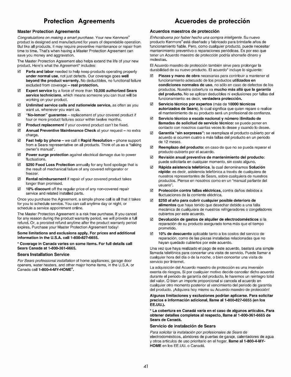 Protection agreements, Acuerodes de protección, Master protection agreements | Acuerdos maestros de protección, Protection agreements acuerodes de protección | Kenmore ELITE 790. 7830 User Manual | Page 41 / 42
