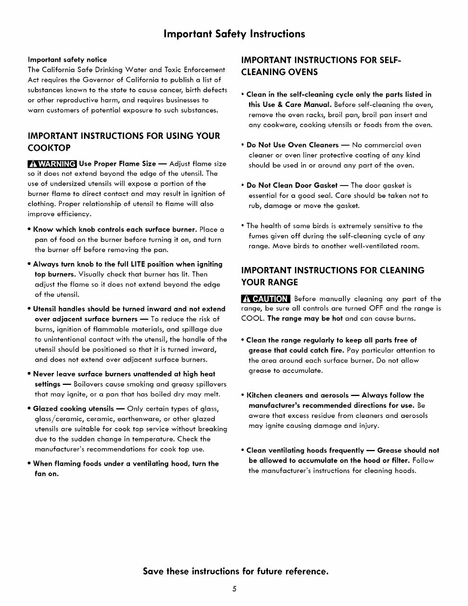 Important instructions for using your cooktop, Important instructions for selfcleaning ovens, Important instructions for cleaning your range | Important safety instructions | Kenmore ELITE 790. 7830 User Manual | Page 5 / 42