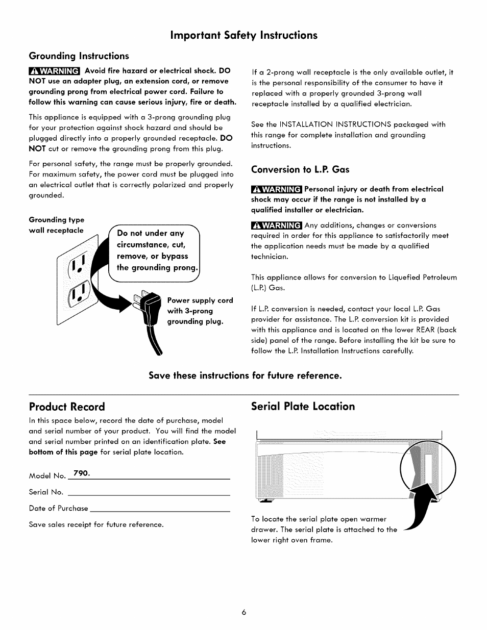 Grounding instructions, Conversion to l.p. gas, Save these instructions for future reference | Important safety instructions, Product record, Serial plate location | Kenmore ELITE 790. 7830 User Manual | Page 6 / 42