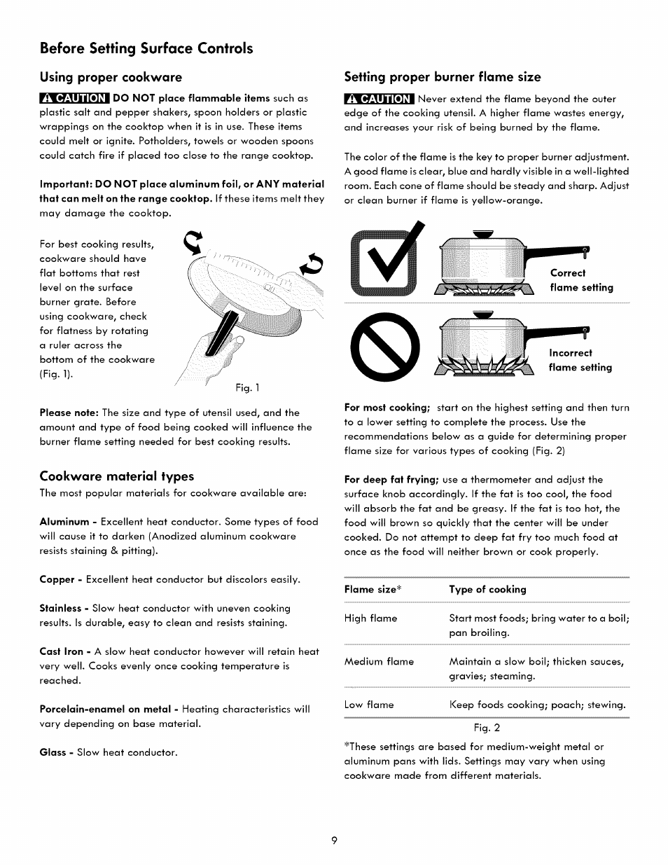 Cookware material types, Setting proper burner flame size, Before setting surface controls | Using proper cookware a, Setting proper burner flame size a | Kenmore ELITE 790. 7830 User Manual | Page 9 / 42