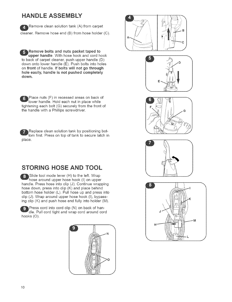 Storing hose and tool, Handle assembly | Kenmore 473.8592 User Manual | Page 10 / 32