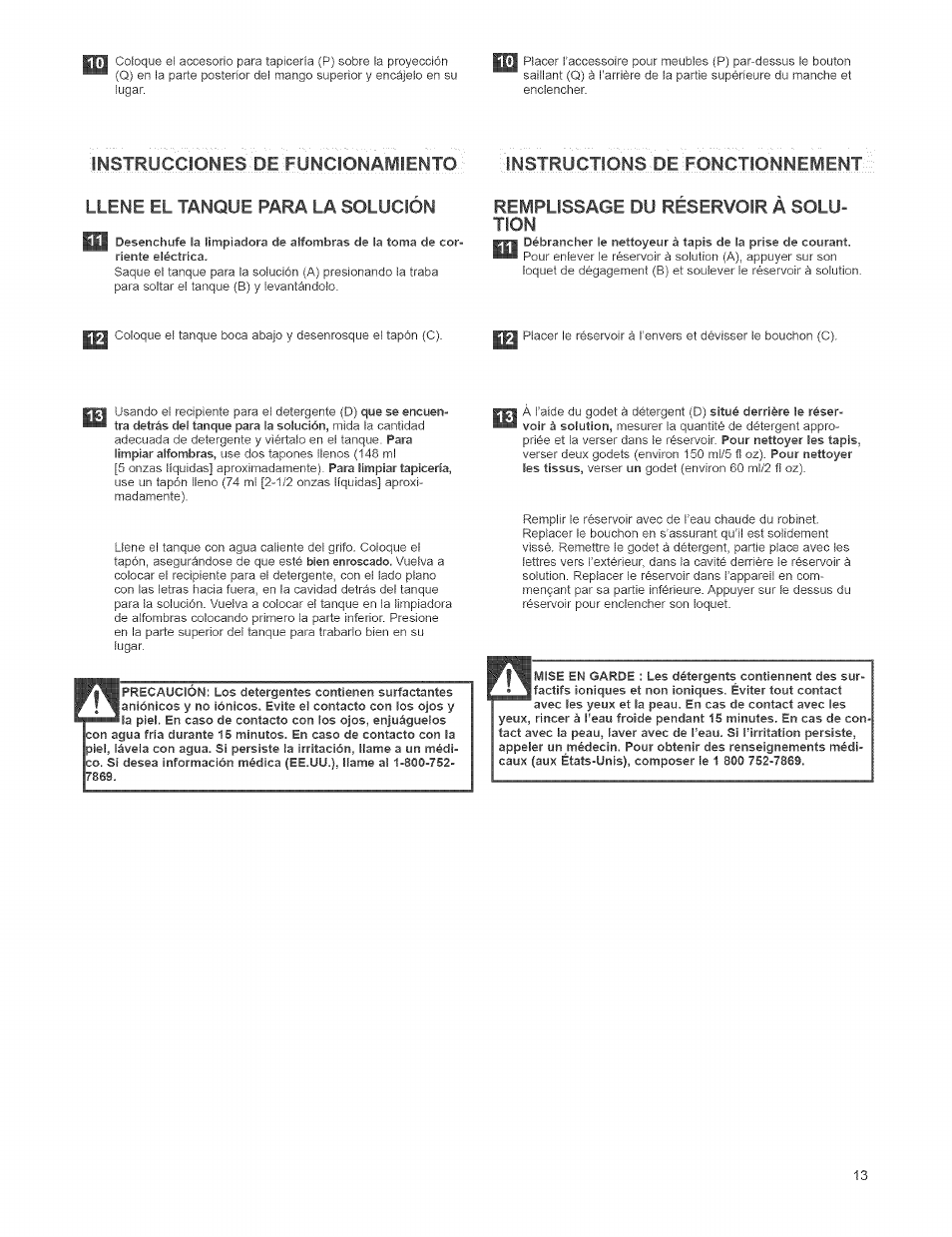 Instruccion es: de'funcionamiento, Nstructions de fonctionnement, Llene el tanque para la solucion | Remplissage du reservoir a solution, Instrucciones de funcionamiento, Llene el tanque para la solución, Instructions de fonctionnement, Remplissage du réservoir à solution, Instruccion, Remplissage du reservoir a solu­ tion | Kenmore 473.8592 User Manual | Page 13 / 32