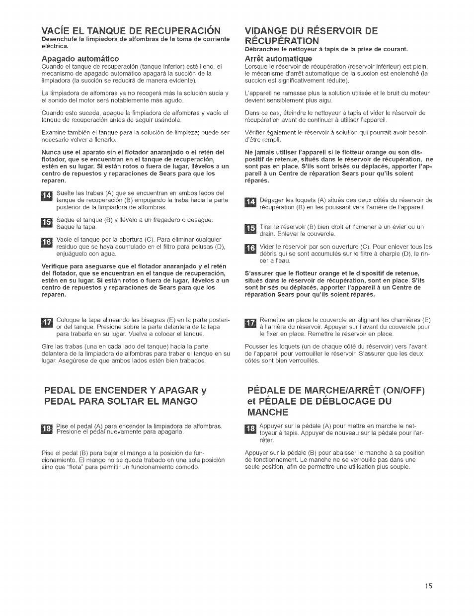 Vacie el tanque de recuperacion, Vidange du reservoir de récupération, Vacíe el tanque de recuperación | Vidange du réservoir de récupération | Kenmore 473.8592 User Manual | Page 15 / 32