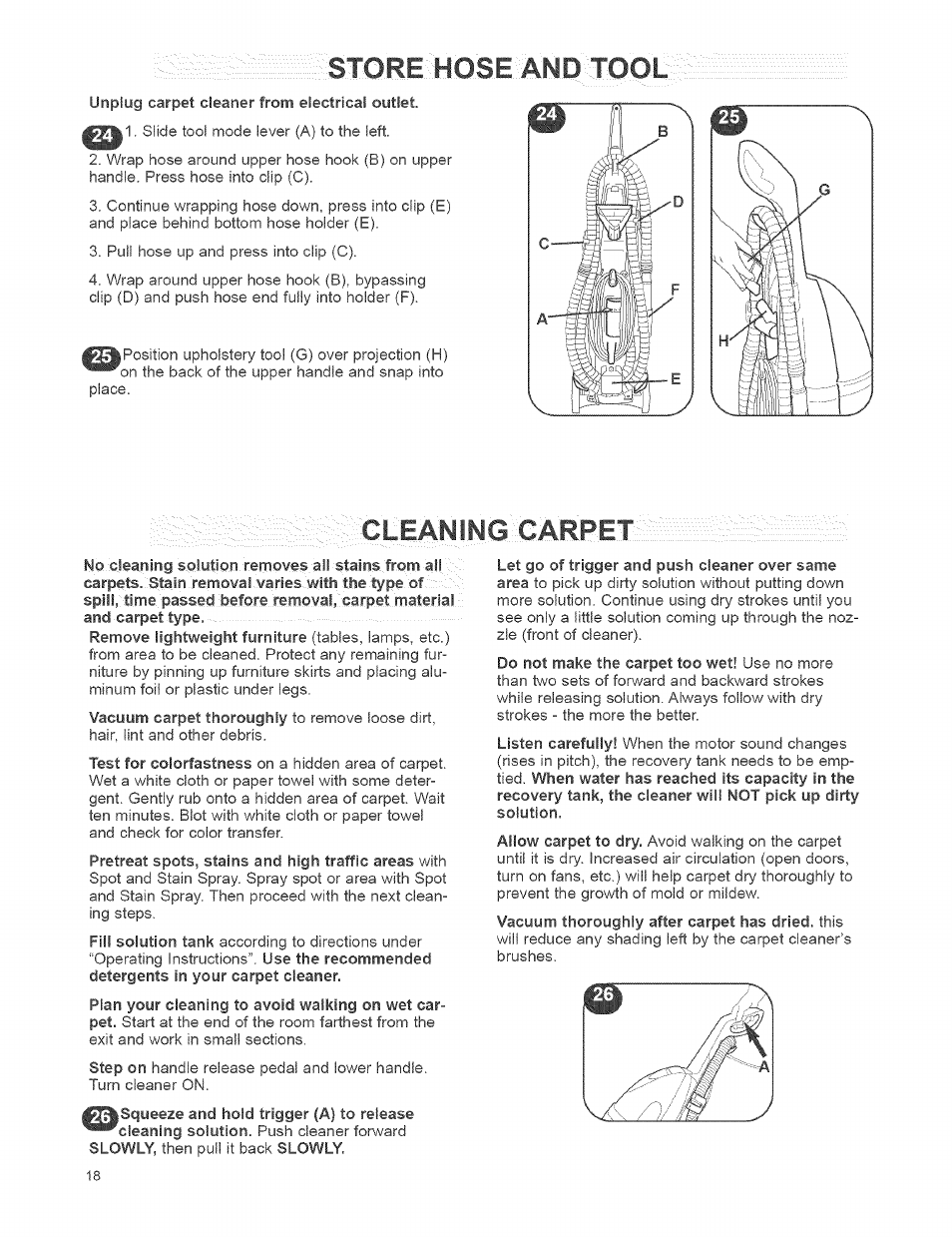 Hose and -too'l, Leaning carpet, Store | Kenmore 473.8592 User Manual | Page 18 / 32