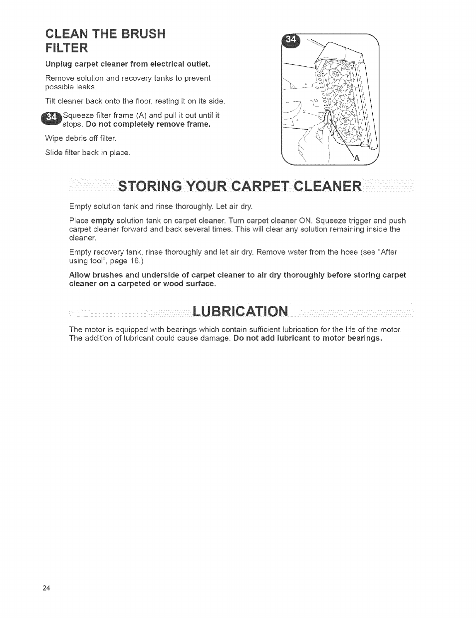 Carpet "cleaner: i, Lubrication, Clean the brush | Kenmore 473.8592 User Manual | Page 24 / 32