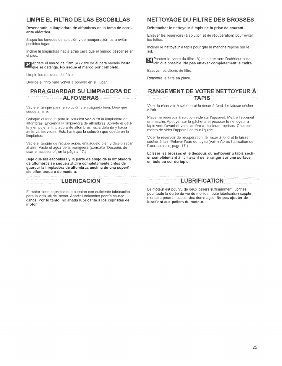 Limpie el filtro de las escobillas, Nettoyage du filtre des brosses, Rangement d.e.votre'''nettoyeura | Lubricacion, Nettoyage des brosses, Rangement de votre nettoyeur à tapis | Kenmore 473.8592 User Manual | Page 25 / 32