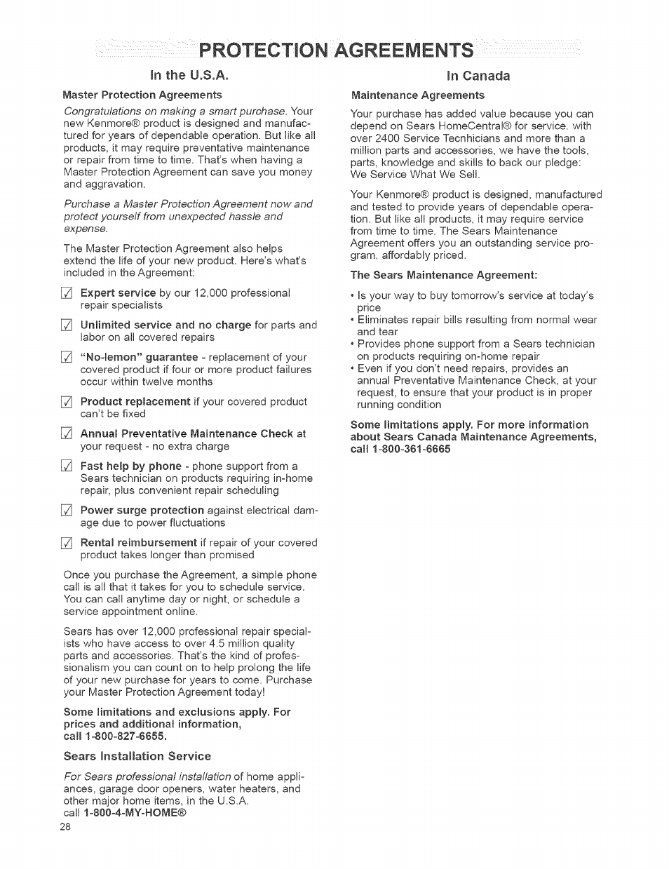 In the u.s.a, In canada, P rotectio n ^ ag re e ш ents | Kenmore 473.8592 User Manual | Page 28 / 32