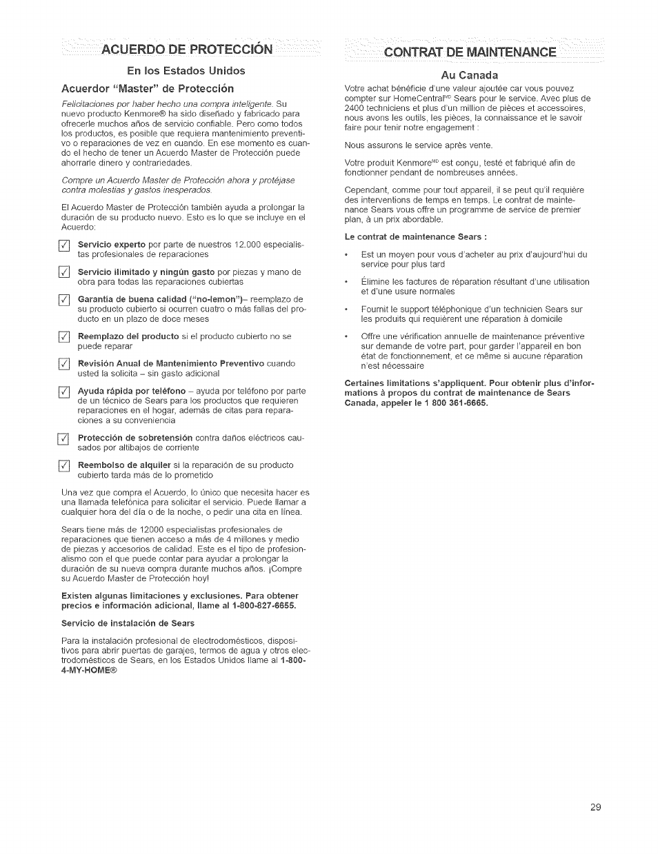 Acuerdo de-proteccion, Contrat: de maintenance, Acuerdo de-proteccion ■ contrat: de maintenance | Kenmore 473.8592 User Manual | Page 29 / 32