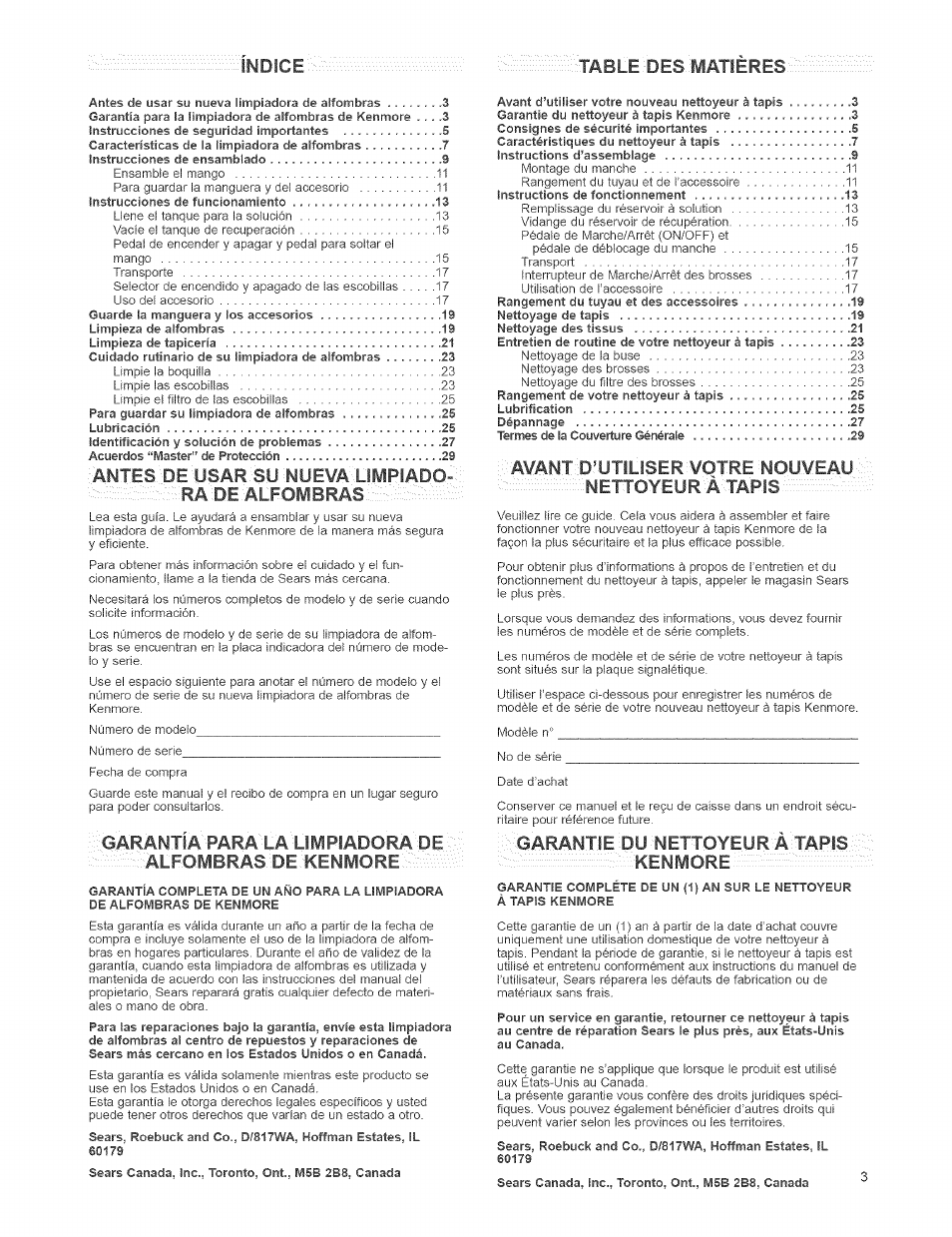 Indice :table des matieres, Antes'de -usar su .nueva■dmpiado-i, Garantía'para la limpiadorabe | Garantie ou’nettoyeur'à'tapis - . - -kenmore | Kenmore 473.8592 User Manual | Page 3 / 32