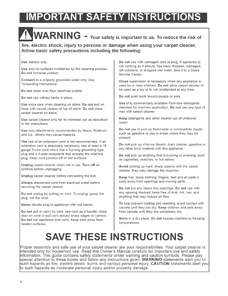 Important safety instructions, Save these instructions | Kenmore 473.8592 User Manual | Page 4 / 32