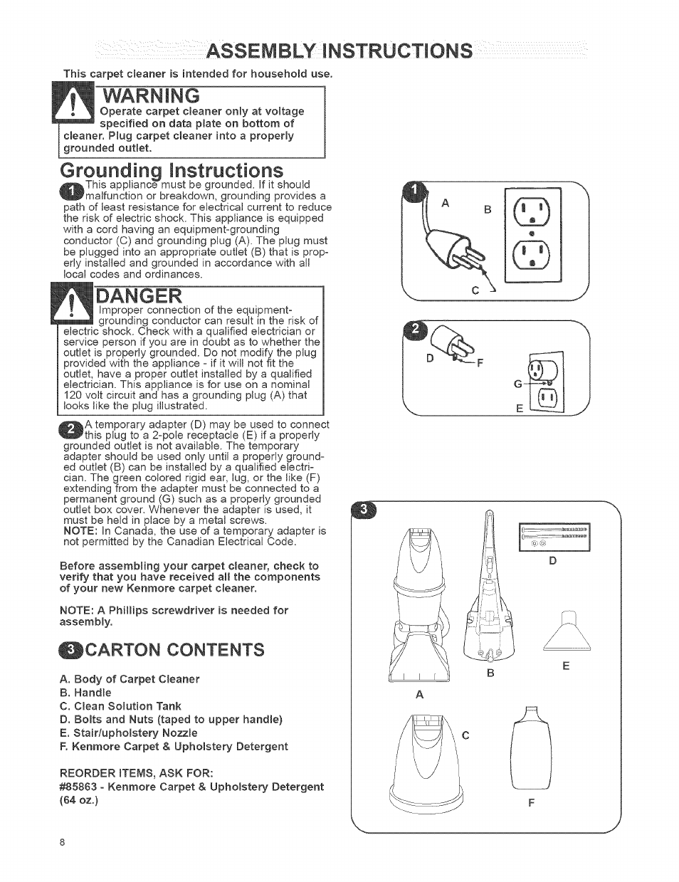 Assembly instr0gt1ons, Warning, Grounding instructions | Danger, Carton contents | Kenmore 473.8592 User Manual | Page 8 / 32