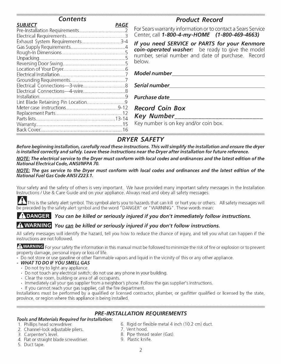 A warning, Contents product record, Dryer safety | Record coin box key number | Kenmore 64182 User Manual | Page 2 / 16