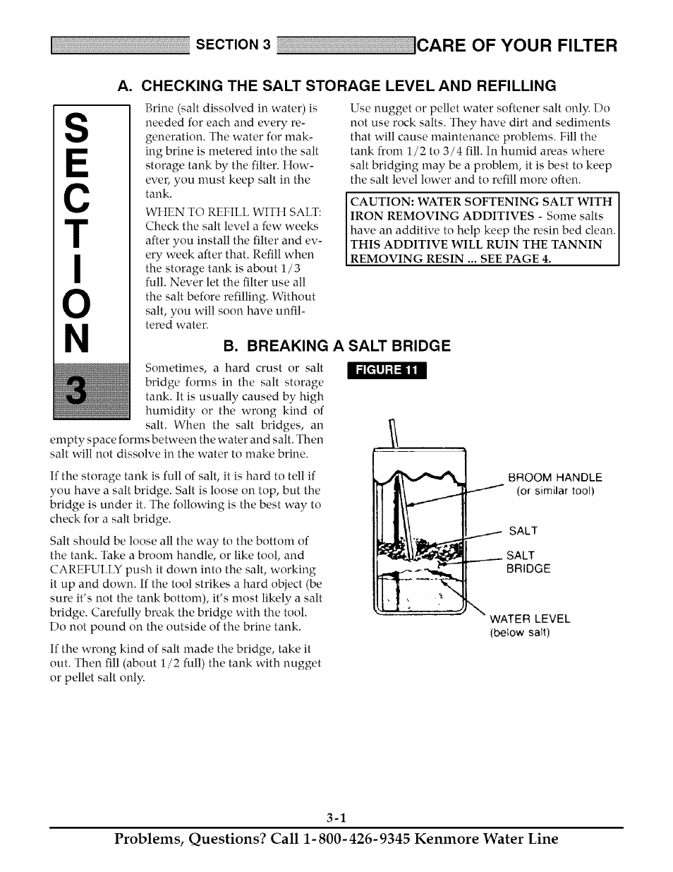 A. checking the salt storage level and refilling, B. breaking a salt bridge, Checking the salt storage level and refilling -1 | Breaking a salt bridge -1, Care of your filter | Kenmore TANNIN 625.348261 User Manual | Page 13 / 32