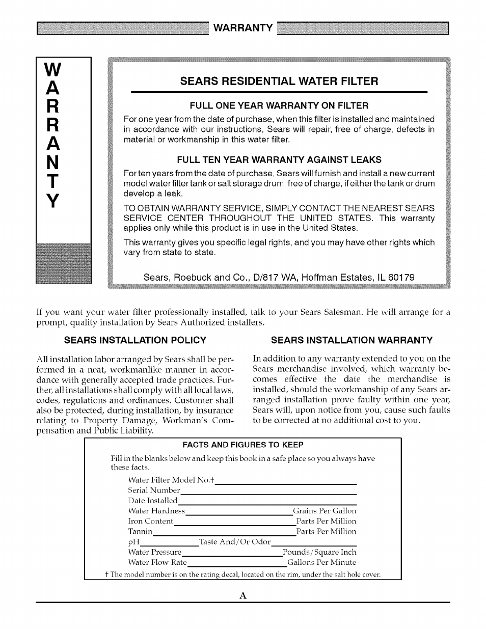 Warranty, Sears residential water filter, Facts and figures to keep | Kenmore TANNIN 625.348261 User Manual | Page 2 / 32