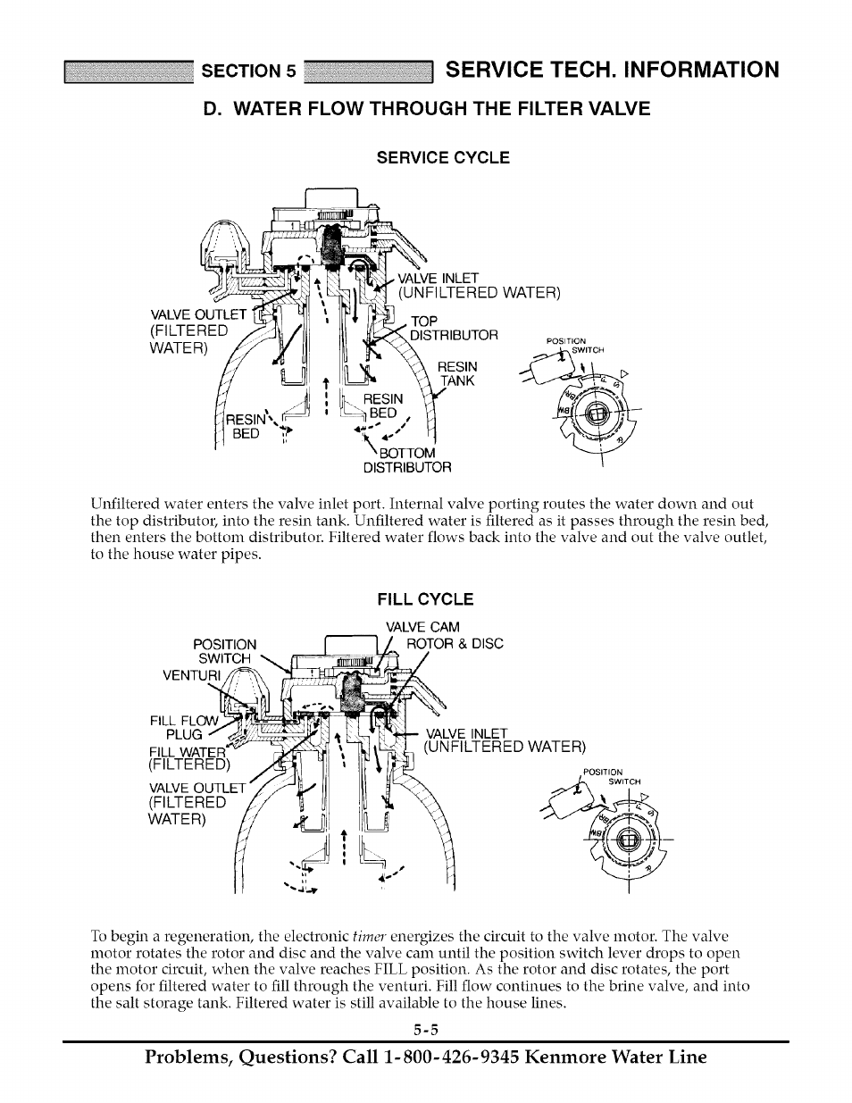 D. water flow through the filter valve, Service cycle, Fill cycle | Water flow through the filter valve -5 to 5-7, Service tech. information | Kenmore TANNIN 625.348261 User Manual | Page 23 / 32