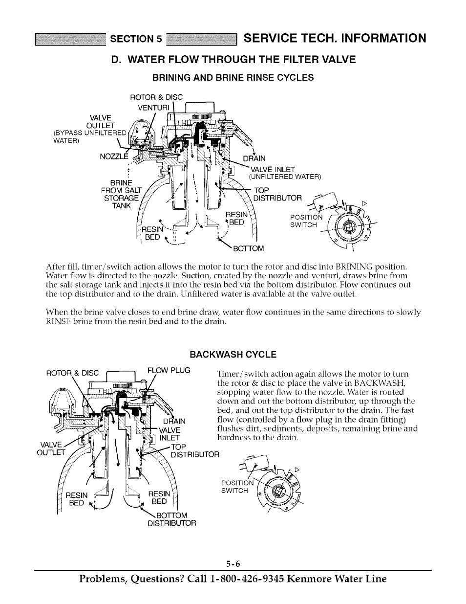 D. water flow through the filter valve, Brining and brine rinse cycles, Backwash cycle | Service tech. information | Kenmore TANNIN 625.348261 User Manual | Page 24 / 32