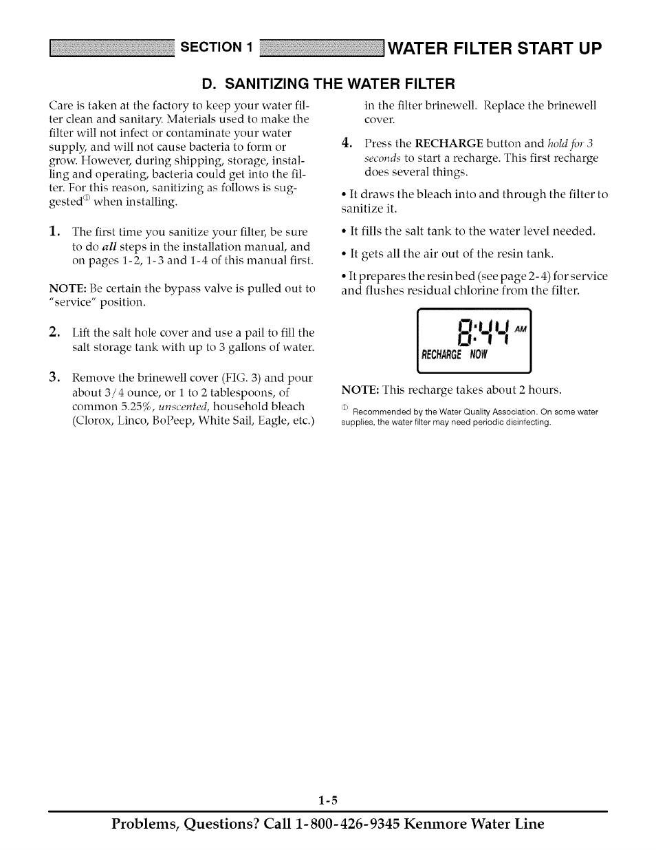 D. sanitizing the water filter, Sanitizing the water filter -5, Water filter start up | Kenmore TANNIN 625.348261 User Manual | Page 8 / 32