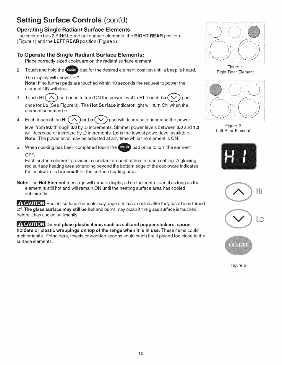 Operating single radiant surface elements, To operate the single radiant surface elements, Â caution | Setting surface controls (cont’d) | Kenmore 790.4101 User Manual | Page 10 / 44